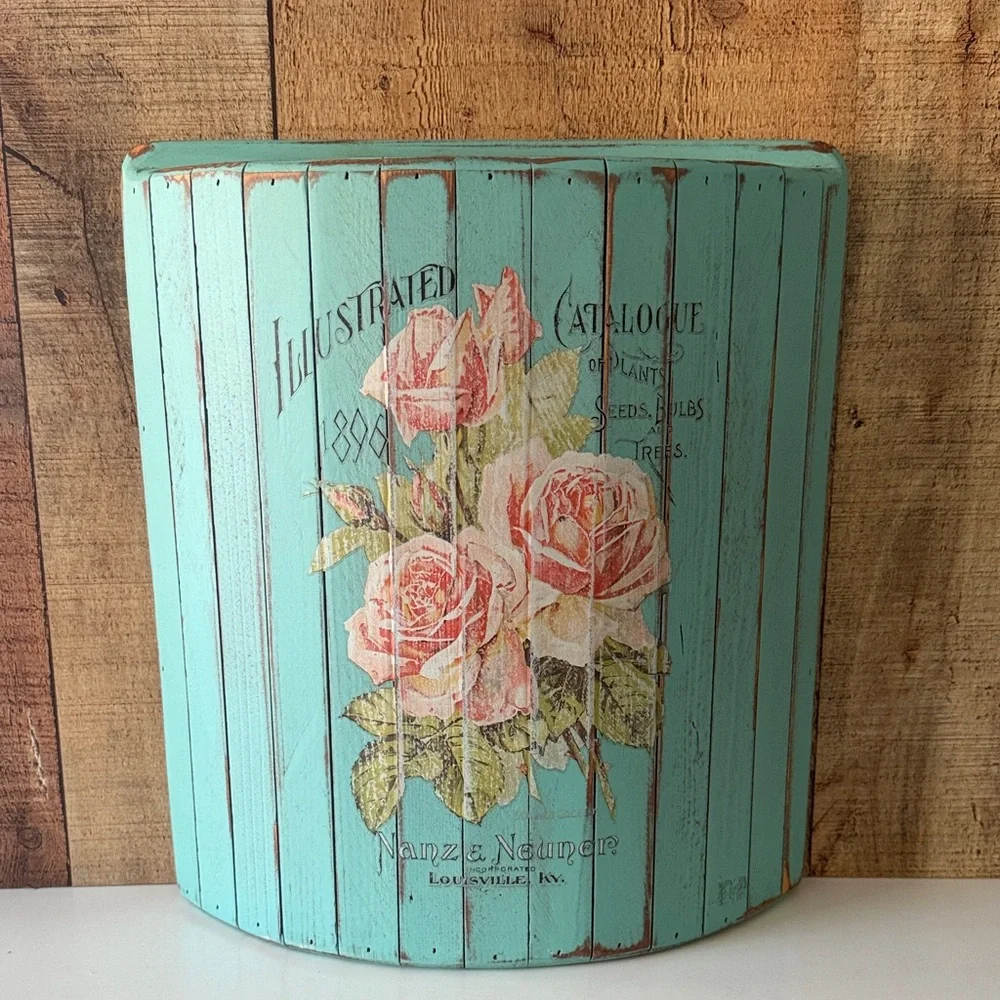 Vintage Inspired Upcycled Shabby Chic Floral Wooden Half Bucket Wall Pocket - Picture 1 of 13